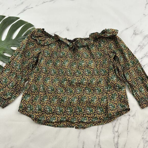 J.Crew Womens Off Shoulder Ratti Top Size M Yellow Green Elephants Ruffle Button - Picture 8 of 12
